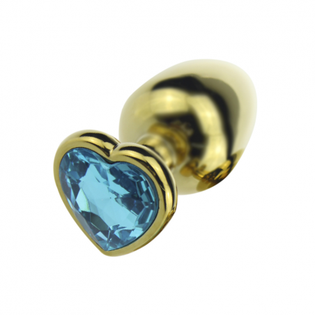 Страстное забвение - Анальная пробка с синим кристаллом в форме сердца, цвет: золотистый