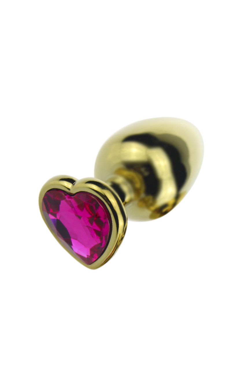 Нежное сердце - Анальная пробка с нежно-розовым кристаллом в форме сердца, цвет: золотистый