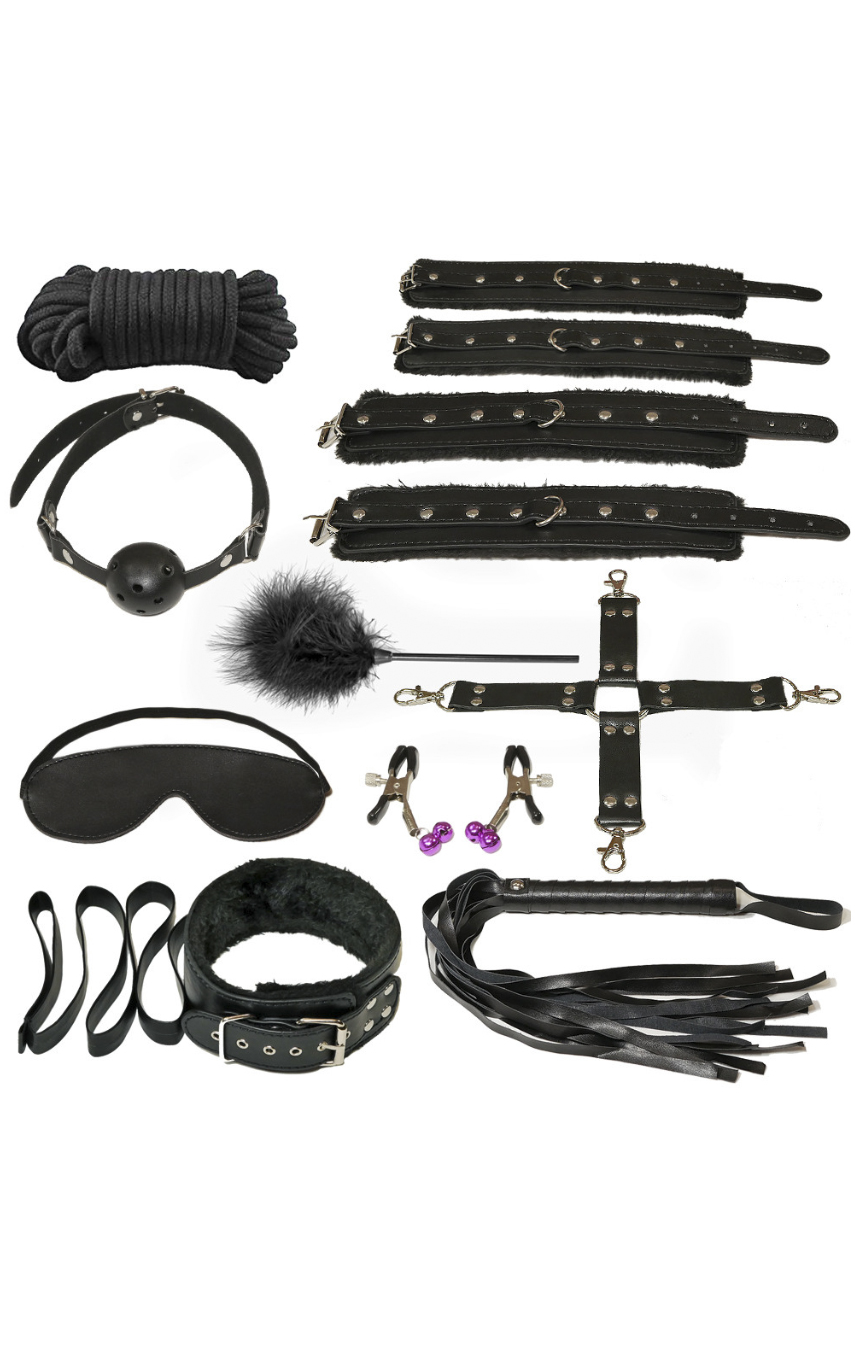 Инструменты страстных пыток - Набор для БДСМ-сессии из эко-кожи, цвет: черный