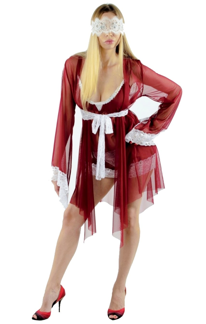 Сексуальный халатик до колена с кружевными рукавами и поясом, цвет: бордовый