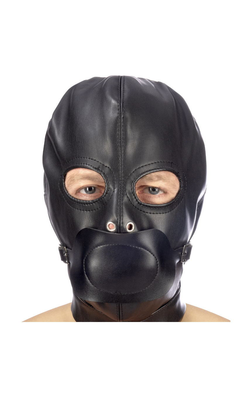 Капюшон с кляпом для БДСМ Fetish Tentation BDSM hood in leatherette with removable gag, цвет: черный